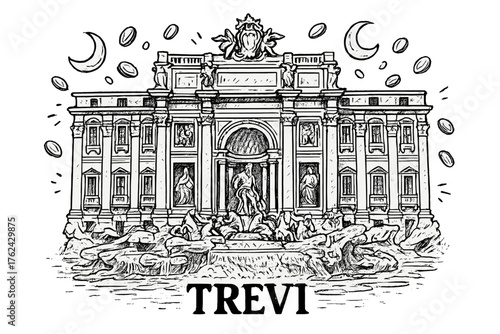 Trevi Fountain Art. Hand-drawn trevi fountain with moons, coins, and statues, center word “Trevi” in black and white isolated