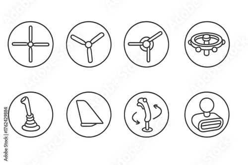 Rotorcraft Parts Icons. Line style round icons of rotorcraft parts: main rotor, tail rotor, blade pitch, swashplate; skid gear,