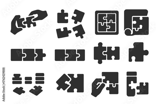 Puzzle Pieces Assembly. Solid style icons of Puzzle Assembly: hands connecting pieces, scattered puzzle parts, puzzle sorting tray