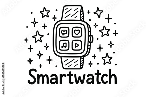 Doodle Smartwatch Design. Doodle smartwatch with stars, apps, and sparkles, center word “Smartwatch” in black and white isolated