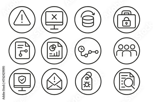 Cyber Incident Icons. Line style round icons of cyber incident response: emergency alert, system isolate, restore backup,