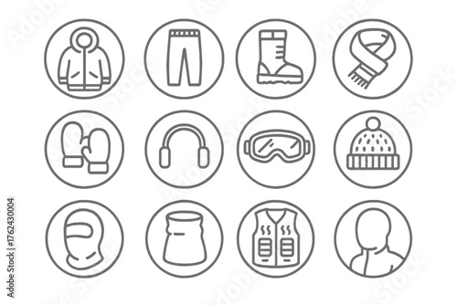 Cold Weather Gear Icons. Line style round icons of cold climate gear: parka, thermal pants, insulated boots, wool scarf; mittens,