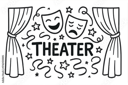 Doodle Theater Decor. Doodle theater masks with stars, ribbons, and curtains, center word “Theater” in black and white isolated