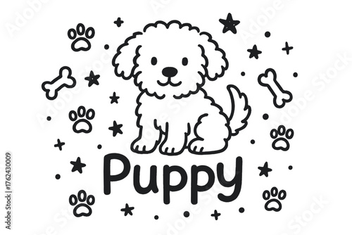 Puppy Doodle Art. Doodle puppy with stars, bones, and paws, center word “Puppy” in black and white isolated transparent background