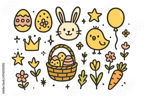 Easter Doodle Icons. Easter party doodle icon set: hand drawn icons of painted eggs, bunny with smile, chick, crown, star, balloon