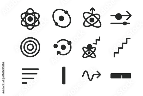 Quantum Energy Icons. Solid style icons of Energy States: ground state, excited state, energy jump, orbital layer, electron