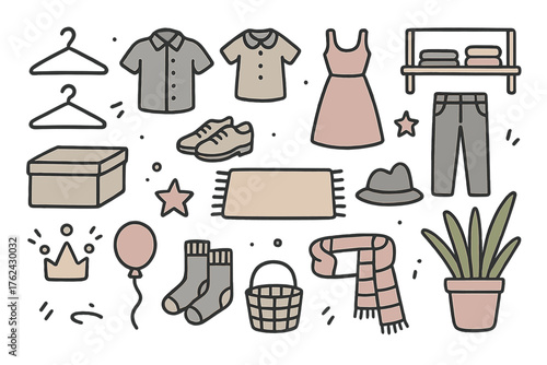 Closet Doodle Icons. Closet doodle icon set: hand drawn icons of hangers, shirt, dress, pants, shoes, box, shelf, rug, crown, star