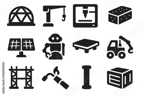 Lunar Construction Icons. Solid style icons of Lunar Construction: habitat frame, crane arm, 3D printer, regolith brick, solar
