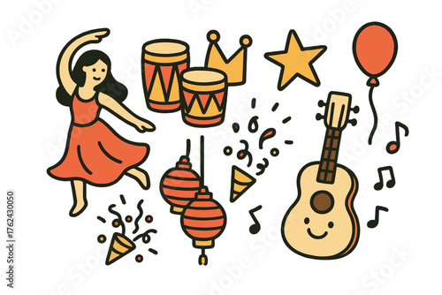 Festival Icon Doodles. Festival performance doodle icon set: hand drawn icons of dancer, drums, crown, star, balloon, lanterns,