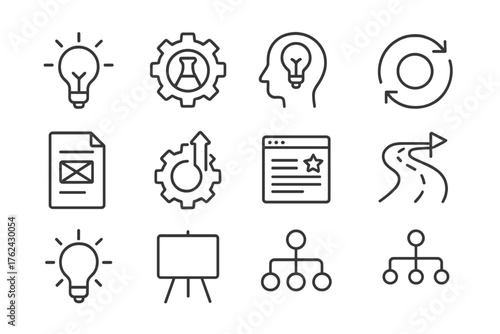 Innovation Icons. Line style round icons of innovation in business: idea bulb, test gear, design thinking icon, iteration arrow;