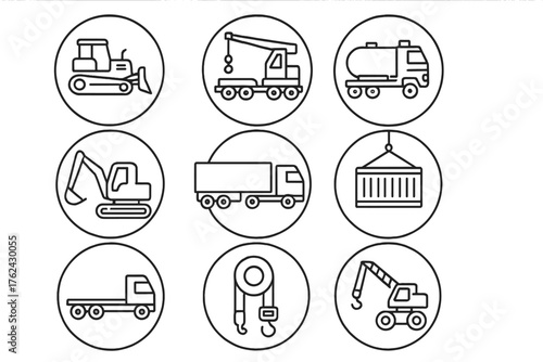 Heavy Transport Icons. Line style round icons of heavy transport: bulldozer, crane, freight train, tanker; excavator, trailer
