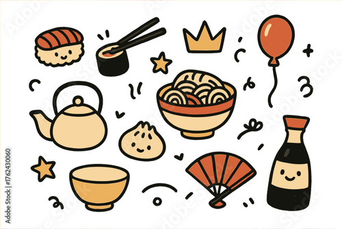 Cute Asian Food Doodles. Asian food doodle icon set: hand drawn icons of sushi, ramen, chopsticks, teapot, dumpling, crown, star,
