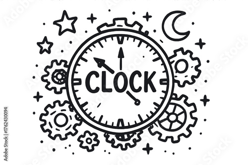 Celestial Clock Doodle. Doodle mechanical clock with stars, gears, and moons, center word “Clock” in black and white isolated