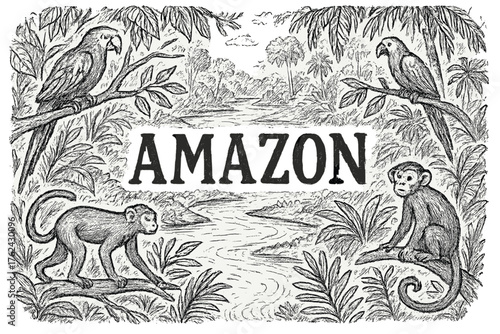 Amazon Forest Wildlife. Hand-drawn amazon rainforest with parrots, monkeys, and rivers, center word “Amazon” in black and white