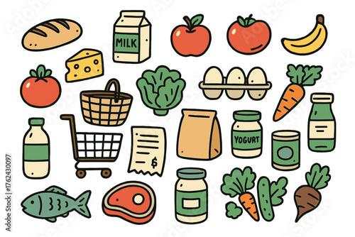 Grocery Doodle Icons. Grocery shopping doodle icon set: hand drawn icons of bread, milk, cheese, apple, banana, tomato, lettuce,
