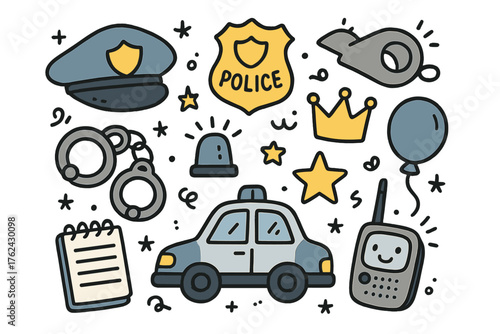 Police Icon Doodle Set. Police profession doodle icon set: hand drawn icons of hat, badge, whistle, handcuffs, car, light, crown,