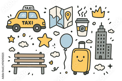 City Adventure Icons. City trip doodle icon set: hand drawn icons of taxi, map, coffee cup, crown, star, balloon, skyscraper,