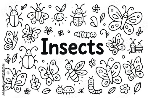 Doodle Jungle Insects. Doodle jungle insects with butterflies, beetles, and fireflies, center word “Insects” in black and white