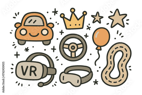 VR Racing Doodle Icons. VR racing doodle icon set: hand drawn icons of car with smile, steering wheel, crown, star, balloon,