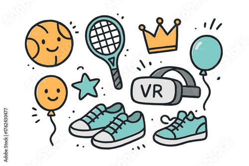 Sports VR Doodles. Sports VR doodle icon set: hand drawn icons of ball with smile, racket, crown, star, balloon, VR headset, and