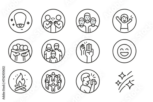 Celebration Icons. Line style round icons of group celebration: lantern release, people clapping, family pose, child cheer; group