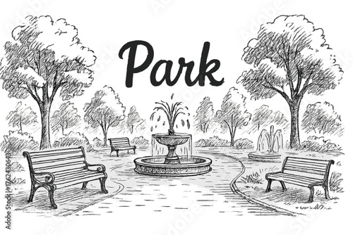 Urban Park Sketch. Hand-drawn urban park with benches, trees, and fountains, center word “Park” in black and white isolated