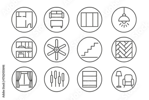 Interior Architecture Icons. Line style round icons of interior architecture: space layout, furniture plan, wall partition,