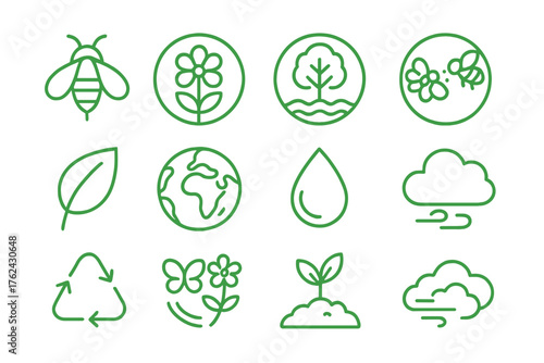 Environmental Icons Collection. Line style round icons of environmental importance: bee, flower, ecosystem, pollination; green