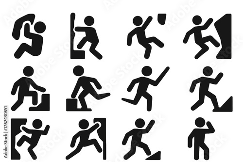 Climbing Techniques Icons. Solid style icons of Climbing techniques and moves: crimp grip, jug hold, heel hook, dyno jump, mantle