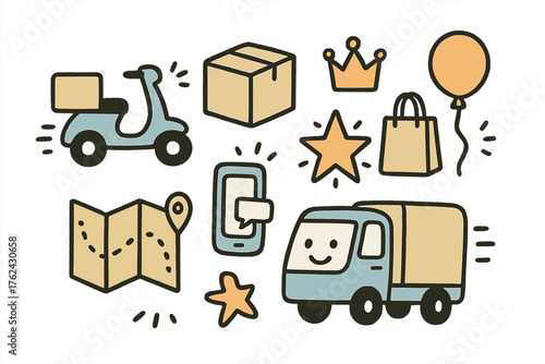 Cute Delivery Doodles. Delivery doodle icon set: hand drawn icons of delivery bike, box, bag, crown, star, balloon, map, phone,