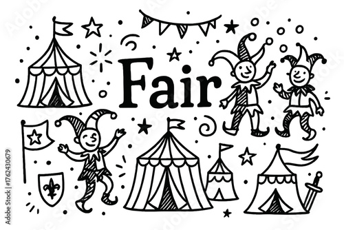 Medieval Fair Doodle. Doodle medieval fair with stars, tents, and jesters, center word “Fair” in black and white isolated