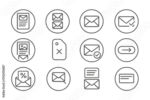 Email Marketing Icons. Line style round icons of email marketing: email campaign, mailing list, open rate, inbox icon; email