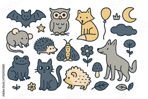 Nocturnal Icons Collection. Nocturnal animals doodle icon set: hand drawn icons of bat, owl, fox, raccoon, possum, hedgehog, moth,