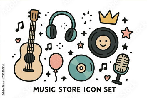 Music Store Icons. Music store doodle icon set: hand drawn icons of guitar, headphones, vinyl with smile, crown, star, balloon, CD