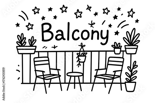 Balcony Doodle Art. Doodle balcony with stars, plants, and chairs, center word “Balcony” in black and white isolated transparent