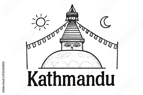 Kathmandu Stupa Art. Hand-drawn kathmandu stupa with prayer flags, moons, and suns, center word “Kathmandu” in black and white