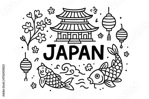 Japanese Temple Doodle. Doodle japanese temple with sakura, koi fish, and lanterns, center word “Japan” in black and white