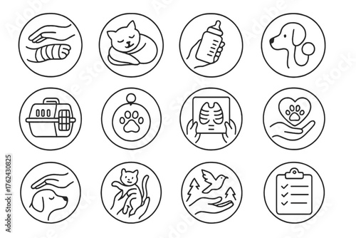 Animal Rescue Icons. Line style round icons of animal rescue: bandaged paw, warm blanket, feeding bottle, medical check; transport