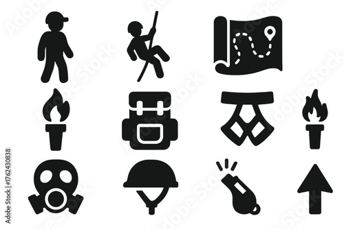 Cave Adventure Icons. Solid style icons of cave adventure: Explorer silhouette, rope descent, map scroll, marked path, torch flame