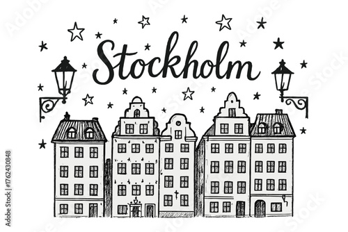 Stockholm Old Town Lanterns. Hand-drawn stockholm old town with lanterns, houses, and stars, center word “Stockholm” in black and