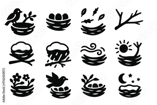 Seasonal Nest Icons. Solid style icons of Seasonal Nests: spring building nest, summer full nest, autumn abandoned nest, winter