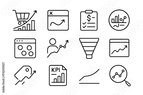 E-commerce Analytics Icons. Line style round icons of e-commerce analytics: conversion graph, bounce rate, sales report, traffic
