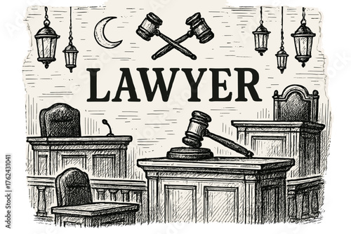 Courtroom Elements Illustration. Hand-drawn courtroom with lanterns, hammers, and moons, center word “Lawyer” in black and white