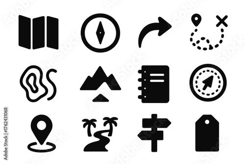 Expedition Navigation Icons. Solid style icons of Expedition Navigation: map grid, compass point, trail arrow, marked route,