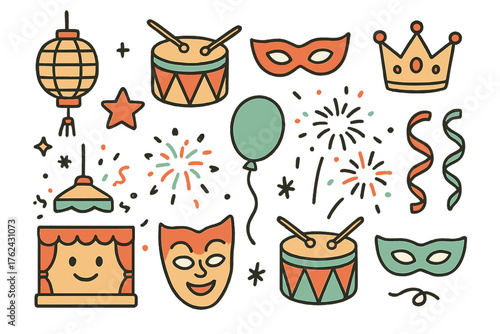 Festival Doodle Icons. Festival doodle icon set: hand drawn icons of lanterns, drums, masks, crown, star, balloon, fireworks,