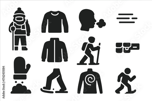 Cold Weather Icons. Solid style icons of Cold Weather Activity: bundled hiker, warm layers, breath puff, movement lines, coat