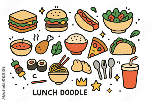 Lunch Doodle Icons. Lunch doodle icon set: hand drawn icons of sandwich, burger, hotdog, fries, salad bowl, soup, chicken