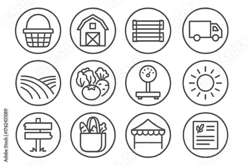 Farm to Table Icons. Line style round icons of farm to table: basket, barn, crate, delivery truck; field rows, fresh produce,