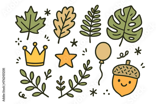 Leaf and Icon Doodles. Leaves doodle icon set: hand drawn icons of maple leaf, oak leaf, fern, monstera, crown, star, balloon,