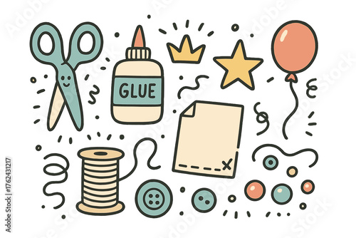 Crafting Doodle Icons. Crafting doodle icon set: hand drawn icons of scissors with smile, glue, crown, star, balloon, paper,
